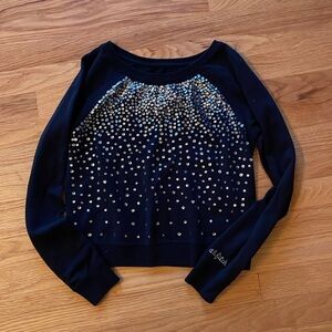 Navy blue sweatshirt with silver falling sequin scatter from A&F